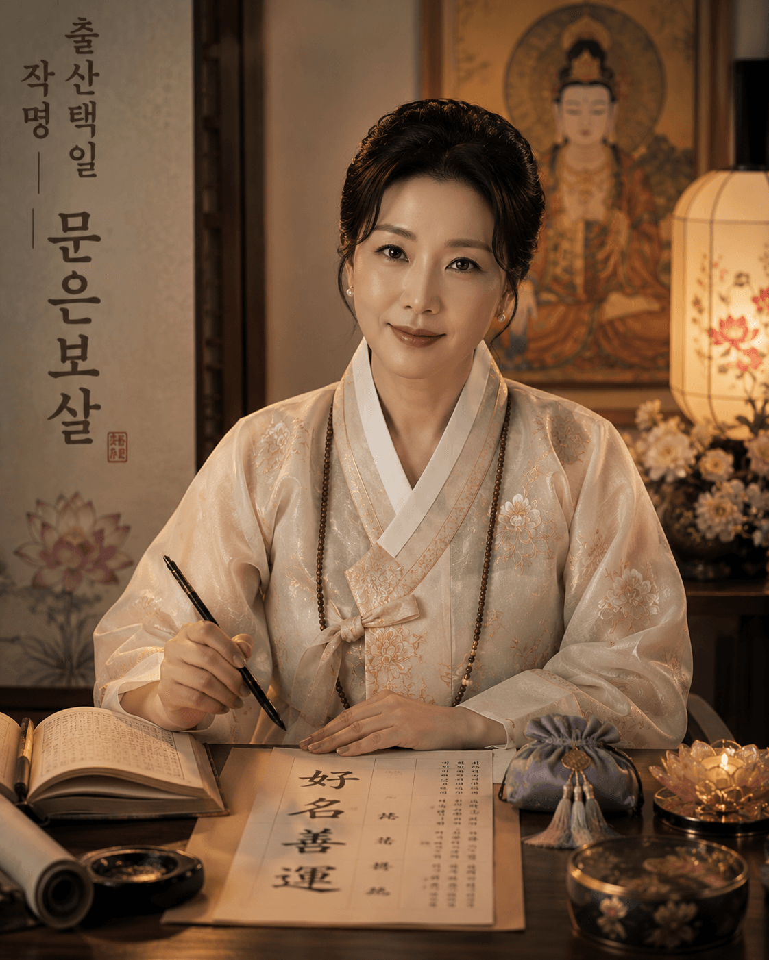 문은보살 초상 — 한복을 입고 붓을 들어 이름을 짓는 보살님